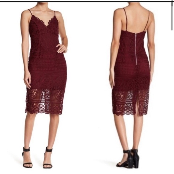Bardot Burgundy Crochet Lace Midi Dress - Picture 1 of 11